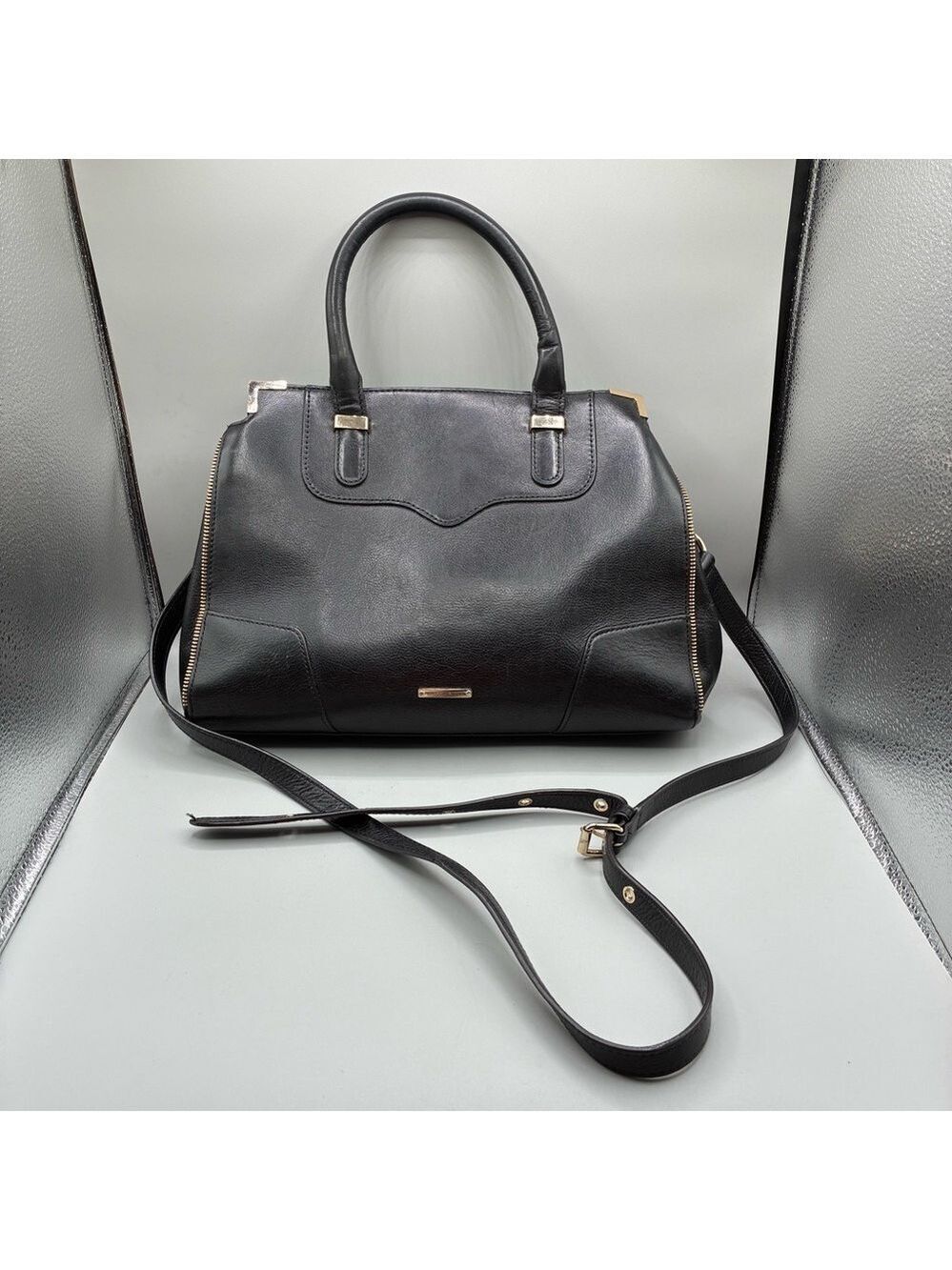 Rebecca Minkoff Amorous Satchel Handbag Black Satin Leather Crossbody